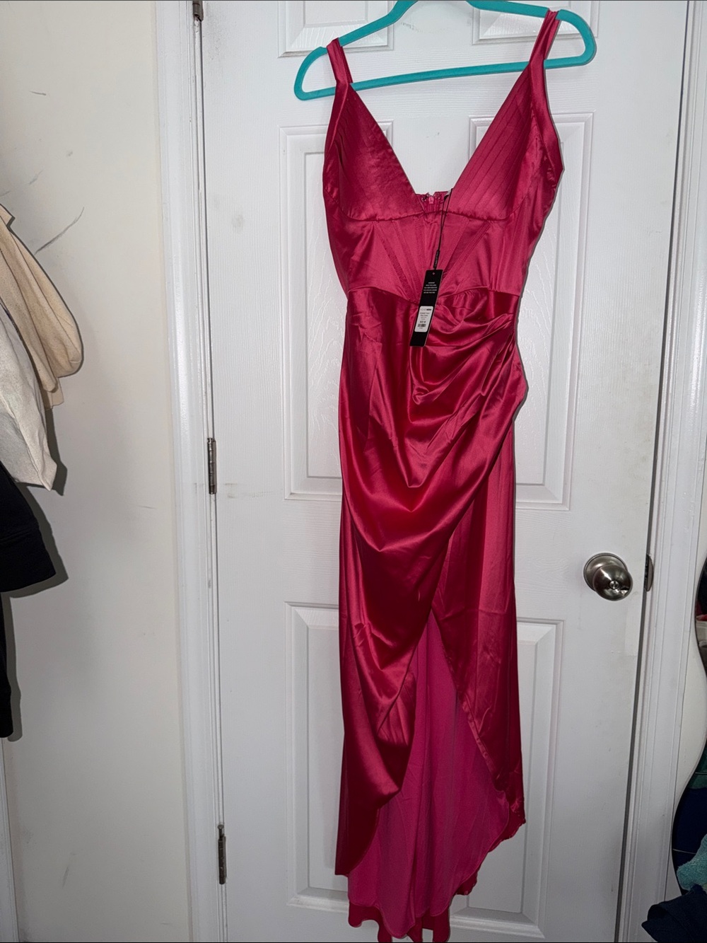 Satin V-Neck Fuchsia Evening Dress